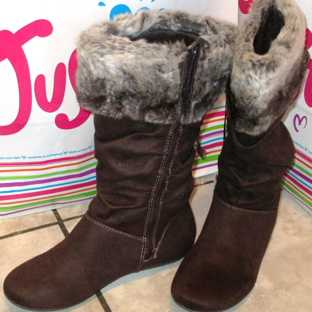 NEW Justice Faux Suede Fur Slouch Winter Boots - Picture 3 of 3